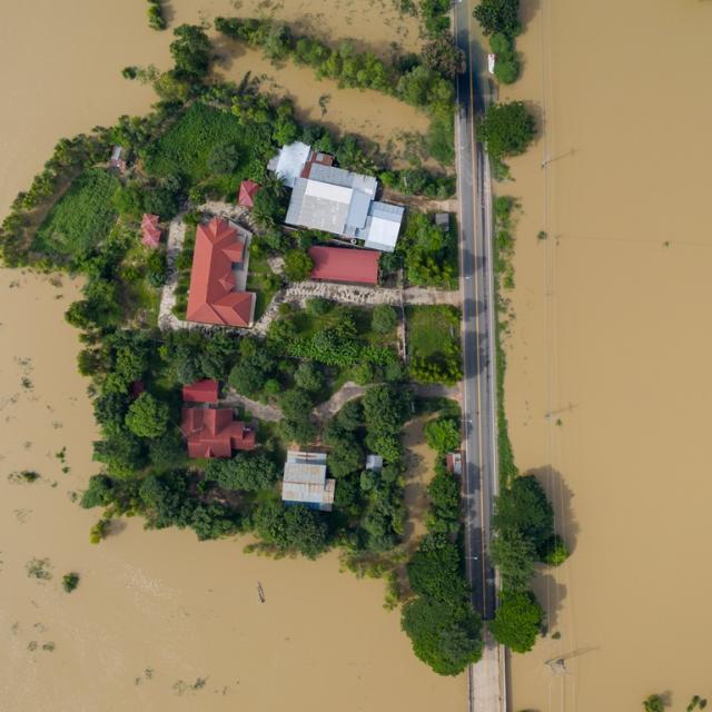 Aerial image of flooding around buildings