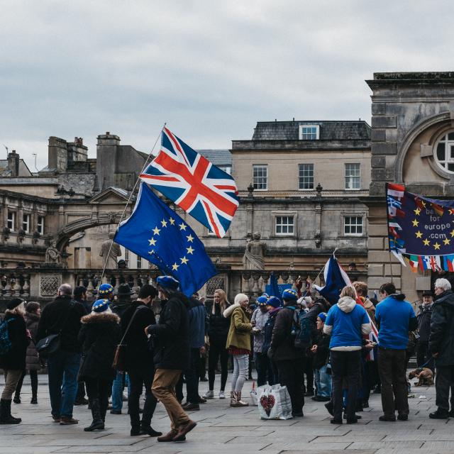 Crowd of people protesting with EU/UK flags