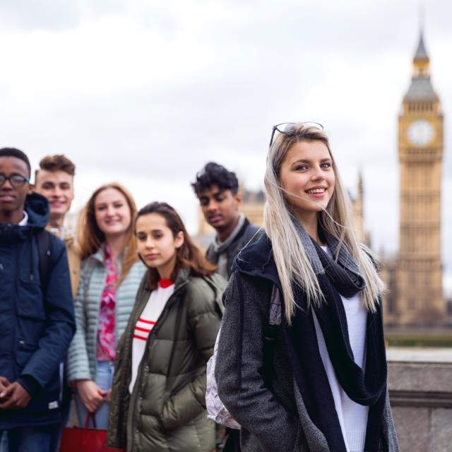 Group of young people in London near Big Ben