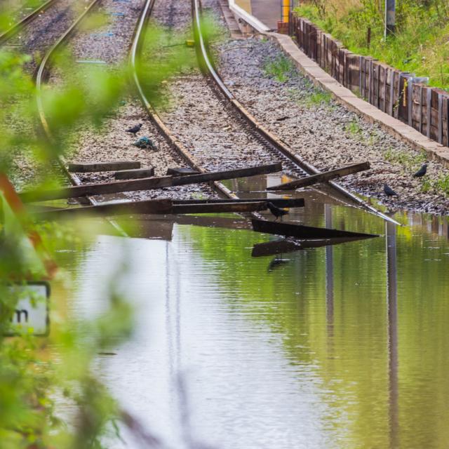 Flooded train track in the UK