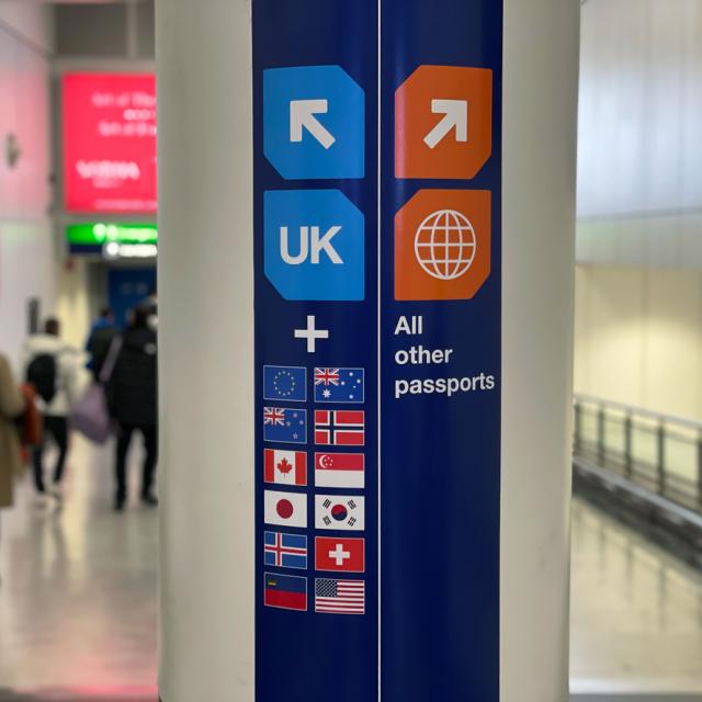 UK Border sign after Brexit. Shows signs for UK citizens and another for EU and other citizens. 