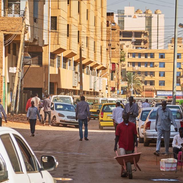 Busy street scene in downtown Khartoum, Sudan.