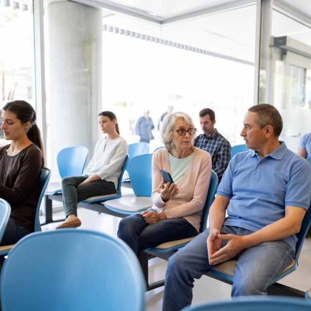 Woman in the waiting room at the hospital or GP office.