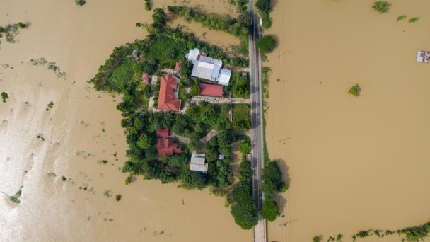 Aerial image of flooding around buildings