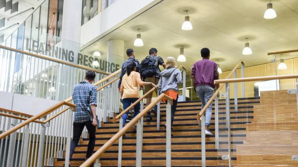 Students walking up steps 