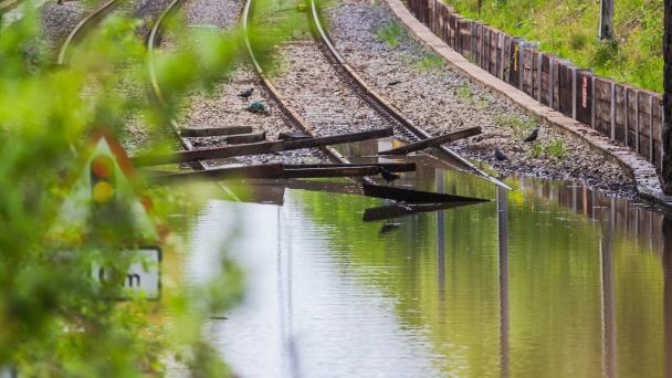 Flooded train track in the UK