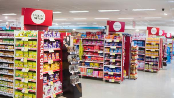 Photograph of shelves with promotions in a supermarket