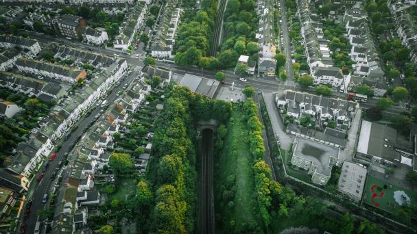 Aerial view of Brighton streets, East Sussex, UK